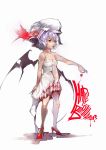  alternate_costume bare_legs bare_shoulders bat_wings bow choker dress food fruit happy_birthday hat hat_bow high_heels highres holding lavender_hair remilia_scarlet shoes short_hair solo standing strawberry sukya touhou white_dress wings 