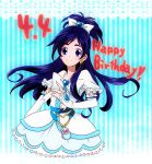  black_hair blue_eyes blue_hair cure_white dress earrings elbow_gloves futari_wa_precure futari_wa_precure_max_heart gloves hair_ribbon heart jewelry long_hair magical_girl namizou precure ribbon solo yukishiro_honoka 