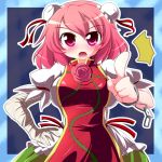  1girl bandage bandages bun_cover bust chain chains chinese_clothes cuffs double_bun flower geogeo hand_on_hip hips ibara_kasen ibaraki_kasen looking_at_viewer open_mouth pink_hair pointing pointing_at_viewer red_eyes rose short_hair solo touhou 