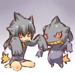  androgynous arms_up banette black_hair cosplay fang grin hitec human kneeling moemon personification pokemon pokemon_(creature) pokemon_(game) pokemon_rse red_eyes sleeves_past_wrists smile spiked_hair spiky_hair tail zipper 