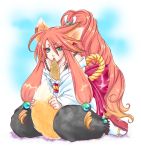  animal_ears artrabo bow footwear fox_ears fox_tail green_eyes kemonomimi_mode long_hair luke_fon_fabre male mouth_hold pants payot ponytail red_hair redhead sandals sitting socks tail tales_of_(series) tales_of_the_abyss very_long_hair wariza 