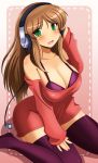  1girl breasts brown_hair cleavage green_eyes headphones long_hair original shin&#039;en_(gyokuro_company) solo thighhighs 