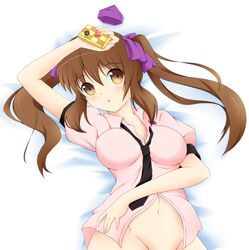  absurdres blush bottomless bow breasts brown_eyes brown_hair bust cellphone checkered dress_shirt hair_bow hat hat_removed headwear_removed heart highres himekaidou_hatate kochiya_hiduki kochiya_hizuki long_hair lying mound_of_venus navel necktie on_back open_mouth phone shirt solo tokin_hat touhou twintails 