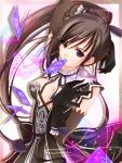  black_hair breasts card card_in_mouth cleavage earrings elbow_gloves falling_card gloves highres jewelry long_hair maxima_enfield mouth_hold ponytail purple_card purple_eyes sara_yuuki shining_(series) shining_hearts solo violet_eyes yuuki_sara 