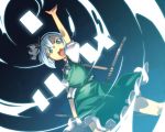  aqua_eyes arm_up bowtie green_eyes hairband highres katana konpaku_youmu open_mouth scabbard sheath sheathed short_hair silver_hair skirt solo spell_card sword touhou vest weapon yuuzii 