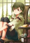  bread chair cream cup flower food green_hair hair_ornament hairclip leg_hug light_smile original pen pink_eyes plant plate potted_plant short_hair sitting smile solo window 