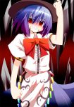  blue_hair blush bow dress fist grin hat hinanawi_tenshi okumari red_eyes ribbon short_hair smile solo touhou 