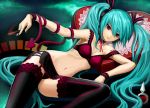  aqua_hair bra choker demon_tail garter_straps hatsune_miku hiro1984 lingerie lipstick long_hair makeup nail_polish navel panties red_eyes ribs skirt solo strap_slip tail thigh-highs thighhighs twintails underwear very_long_hair vocaloid 