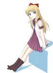  black_legwear blonde_hair blue_eyes bow footwear hair_bow kuuyuu long_hair mouth_hold popsicle school_uniform serafuku sitting socks solo toshinou_kyouko yuru_yuri 