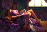  book breasts brown_hair circlet cleavage elf highres jewelry necklace nintendo pillow pointy_ears princess_zelda readind reading rj_palmer slippers smile the_legend_of_zelda triforce 