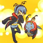  1boy antennae blue_hair coat cosplay covering covering_face covering_mouth fake_animal_ears grey_hair hitec hoodie human male moemon personification pokemon pokemon_(creature) pokemon_(game) pokemon_rse sleeves_past_wrists volbeat yellow_eyes 
