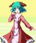  :d animal_ears blush dress fang green_eyes green_hair hand_on_own_face hand_to_face highres ikmg kasodani_kyouko open_mouth pink_dress short_hair smile solo touhou 