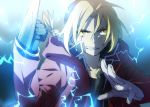  alchemy automail blonde_hair boy braid coat edward_elric electricity fullmetal_alchemist gloves grin mechanical_arm ponytail smile solo yellow_eyes 