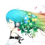  aqua_hair closed_eyes eyes_closed face flower hair_flower hair_ornament hatsune_miku headphones highres irena long_hair open_mouth simple_background smile solo vocaloid wind 