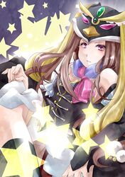  bad_id bird black_legwear breasts brown_hair cleavage elbow_gloves gloves hat long_hair mawaru_penguindrum okatsukisei penguin pink_eyes princess_of_the_crystal sitting star takakura_himari thigh-highs thighhighs 