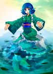  1girl atomic15 blue_eyes blue_hair breasts curly_hair japanese_clothes mermaid monster_girl open_mouth partially_submerged rock smile solo touhou wakasagihime water 