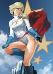  alien ataruman blonde_hair blue_eyes boots breasts cape cleavage cleavage_cutout dc_comics gloves highleg highres kryptonian leotard parted_lips power_girl short_hair solo star 
