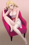  atlus blonde_hair bow catherine catherine_(game) chair dress drill_hair leg_up legs long_hair long_legs sitting solo stassen strap_slip thighs twintails 