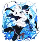  ao_no_exorcist belt blue_eyes highres kneeling necktie okumura_rin pointy_ears solo striped striped_necktie sword water weapon yuuno_(yukioka) 