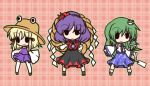  blonde_hair blush chibi detached_sleeves frog fushigi_ebi gohei green_hair hair_ornament hair_tubes hat kochiya_sanae long_hair mirror moriya_suwako multiple_girls open_mouth purple_hair shimenawa short_hair skirt smile snake thigh-highs thighhighs touhou white_legwear yasaka_kanako 