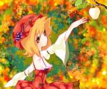  adapted_costume aki_minoriko bare_shoulders blonde_hair detached_sleeves dress eyelashes food fruit grapes hat leaf no_nose outstretched_arm pear profile red_dress short_hair solo touhou vagabond743 wide_sleeves 