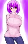  1girl arms_behind_back breasts character_request glasses han_(jackpot) huge_breasts jeans light_smile pink-framed_glasses pink_eyes purple_hair ribbed_sweater short_hair solo sweater 