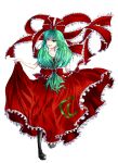  absurdres asayoshi black_legwear bow dress dress_lift frills front_ponytail green_eyes green_hair hair_ornament highres kagiyama_hina long_hair mary_janes open_mouth pantyhose red_dress ribbon shoes smile touhou transparent_background 