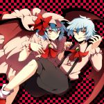  akasata ascot bat_wings blue_hair brooch checkered checkered_background dual_persona genderswap hat jewelry pants red_eyes remilia_scarlet suspenders touhou wings wrist_cuffs 