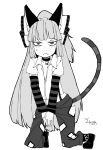  angry animal_ears blush cat_ears cat_tail fujiwara_no_mokou kemonomimi_mode kneeling long_hair monochrome pants solo tail touhou yaza 