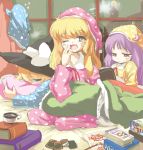  alice_margatroid bed blonde_hair blue_eyes book bookshelf card cards crescent cup hat hir0sun holding holding_book kirisame_marisa long_hair lying lying_card multiple_girls nightcap on_stomach open_mouth pajamas patchouli_knowledge pillow purple_hair reading red_eyes short_hair sitting sleeping sleepover sleepy teacup tera_zip touhou window wink witch witch_hat yawning yellow_eyes 