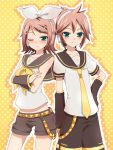  androgynous ascot baka_to_test_to_shoukanjuu bass_clef blush brother_and_sister brown_hair cosplay crossed_arms green_eyes hair_ribbon hand_on_hip headphones hips kagamine_len kagamine_len_(cosplay) kagamine_rin kagamine_rin_(cosplay) kinoshita_hideyoshi kinoshita_yuuko necktie polka_dot polka_dot_background pp_(ki20rupi3) ribbon short_hair shorts siblings trap treble_clef twins vocaloid wink 