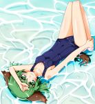  1girl animal_ears barefoot clothed_navel green_eyes green_hair hand_on_forehead kasodani_kyouko looking_at_viewer lying on_back one-piece_swimsuit school_swimsuit shallow_water shiny shiny_clothes short_hair skindentation smile solo submerged swimsuit tail touhou upside-down water wet wet_clothes 