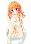 1girl barefoot blush dress long_hair orange_hair original simple_background sitting solo syuurin yellow_eyes 