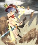  alternate_hair_length alternate_hairstyle bad_id blue_hair boots bow cross-laced_footwear dress dual_wielding food fruit hat highres hinanawi_tenshi lace-up_boots nshekp peach red_eyes ribbon short_hair smile solo susabi sword_of_hisou touhou weapon wink 