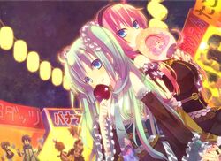  blue_eyes candy_apple detached_sleeves fan festival frills gumi hairband hatsune_miku kagamine_len kagamine_rin kaito kamui_gakupo lantern megurine_luka meiko necktie paper_fan paper_lantern pink_hair scrunchie tahya takoluka tongue uchiwa vocaloid 