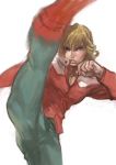  asami_you barnaby_brooks_jr blonde_hair blue_eyes boots high_kick jacket jewelry kicking male motion_blur necklace no_glasses red_jacket solo tiger_&amp;_bunny 