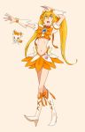  blonde_hair boots bow cure_sunshine flower hair_flower hair_ornament heartcatch_precure! long_hair magical_girl midriff myoudouin_itsuki potpourri_(heartcatch_precure!) precure skirt twintails walking yellow_eyes 