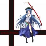  adult alternate_breast_size blue_hair boots breasts cleavage dress food fruit gmot hat highres hinanawi_tenshi katana long_hair minami628 peach red_eyes side_slit solo sword sword_of_hisou touhou very_long_hair weapon 