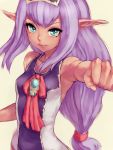  bare_shoulders clenched_hand dark_skin elf elvaan erect_nipples final_fantasy final_fantasy_xi fist flat_chest foreshortening fumio_(rsqkr) humio long_hair looking_at_viewer pointy_ears prishe purple_hair simple_background sketch solo 