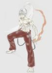 abs barefoot fujiwara_no_mokou genderswap highres long_hair manly muscle pants ponytail simple_background solo suspenders topless touhou yostel 
