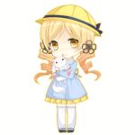  alternate_costume blonde_hair chibi chico152 drill_hair frown hair_ornament hat kindergarten kindergarten_hat kindergarten_uniform kyubey mahou_shoujo_madoka_magica pleated_skirt school_hat simple_background skirt tears tomoe_mami twin_drills yellow_eyes young 