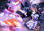  arm_holding blood blood_on_face blue_eyes blurry bow brown_hair bun150 crack crossover depth_of_field dress flying gloves hair_ribbon highres holding_arm kaname_madoka kneehighs kneeling lyrical_nanoha magical_girl mahou_shoujo_lyrical_nanoha mahou_shoujo_lyrical_nanoha_the_movie_1st mahou_shoujo_madoka_magica multiple_girls open_mouth outstretched_hand pink_dress pink_hair reaching ribbon short_twintails sitting staff takamachi_nanoha torn_clothes twintails upskirt white_gloves wound 