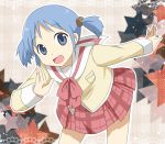  blue_hair hair_cubes hair_ornament leaning_forward naganohara_mio nichijou open_mouth sakuraba_hinano school_uniform short_hair short_twintails skirt smile solo twintails 