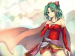  blue_eyes bow cape detached_sleeves earrings female final_fantasy final_fantasy_vi green_eyes green_hair hair_bow hand_on_own_chest hand_to_chest jewelry kamanatsu long_hair ponytail sash solo tina_branford 