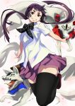  black_legwear bow byakko_(ao_no_exorcist) eyebrows fangs grin kamiki_izumo long_hair nuezou petals purple_hair red_eyes school_uniform short_eyebrows skirt smile thigh-highs thighhighs tongue twintails zettai_ryouiki 