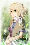  arm_warmers blonde_hair blush bust face green_eyes looking_afar mizuhashi_parsee pointy_ears ponytail scarf shierutei short_hair solo touhou 