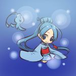  1girl blue_eyes blue_hair blush_stickers bubble cosplay female hair hair_ornament hairpin hitec human japanese_clothes jewelry kimono kneeling long_hair moemon necklace phione pokemon pokemon_(creature) pokemon_(game) pokemon_dppt ponytail smile 