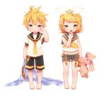  1boy 1girl blonde_hair blue_eyes bow hair_bow hair_ornament hairclip highres kagamine_len kagamine_rin looking_at_viewer midriff necktie open_mouth reki_(arequa) rubbing_eyes simple_background sleepy stuffed_animal stuffed_toy tears vocaloid white_background yawning 