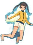  blue_eyes copyright_request jacket open_mouth sandals shorts solo twintails 