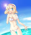  alice_margatroid arnest bare_shoulders bikini blonde_hair blue_eyes blush breasts cleavage dutch_angle front-tie_top hairband large_breasts lens_flare mound_of_venus navel short_hair side-tie_bikini solo swimsuit thigh_gap thighs touhou water wet white_bikini 